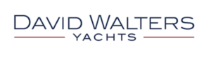 Logo displaying the text "David Walters Yachts" in blue, with two horizontal red lines on either side of the word "Yachts.
